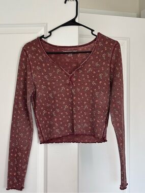 American Eagle Outfitters Mauve Floral Long Sleeve Waffle Knit Top